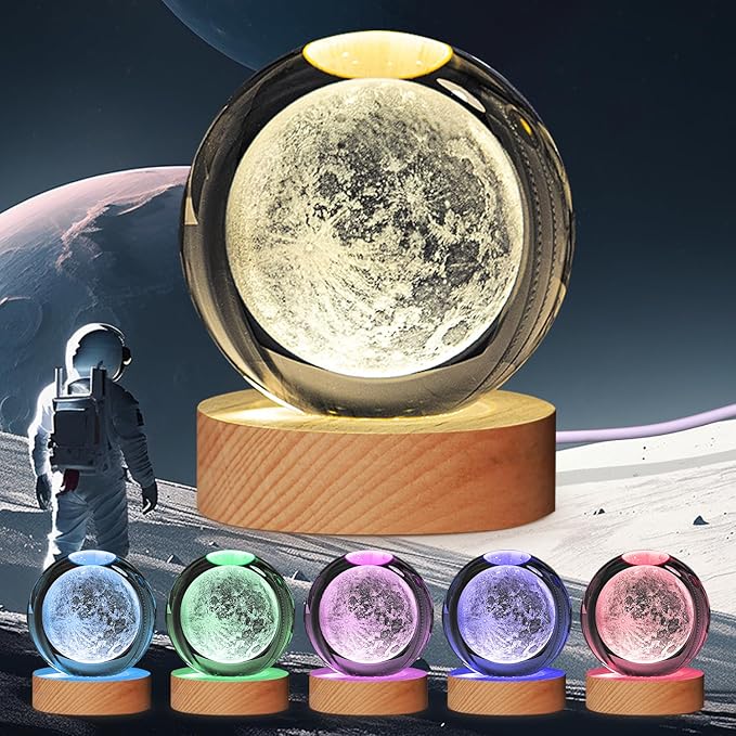 3D Solar System Crystal Ball Moon Night Light,3.15 inch 7 Color Changing for Bedroom Decor Lamp,Christmas BirthdayGifts for Kids,Boys,Girls,Teens