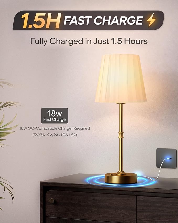 EppieBasic Cordless Table Lamp Rechargeable: Fast Charging & Long Lasting - 2700K Warm Light Vintage Gold Lamps - Dinning Living Room Bedroom - Pleated Shade
