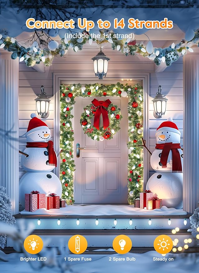 Vintage C9 LED Christmas Lights Outdoor, 100 Feet C9 String Lights with 50 Shatterproof C9 Bulbs, Waterproof Connectable Christmas Tree Lights for Outside Roofline Patio Xmas Decorations, Pure White