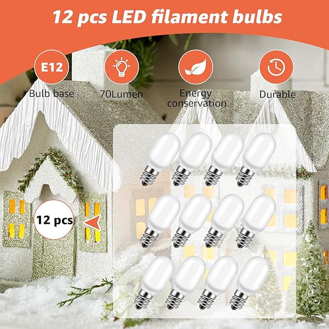 12PCS Christmas Village Replacement Light Bulbs-T20 Replacement Led Light Bulb,E12 Candelabra Base 0.7W 120V LED for Village Houses,Christmas Tree,Dept 56,Halloween Pumpkin Decor Accessories
