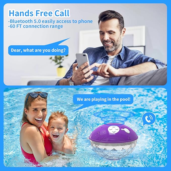 Blufree Floating Pool Speakers with Colorful Lights, Bluetooth Wireless Pool Speaker Floatable IP68 Waterproof, Built-in Mic & Crystal Clear Sound Bluetooth Hot Tub Speaker for Pool Party Outdoors