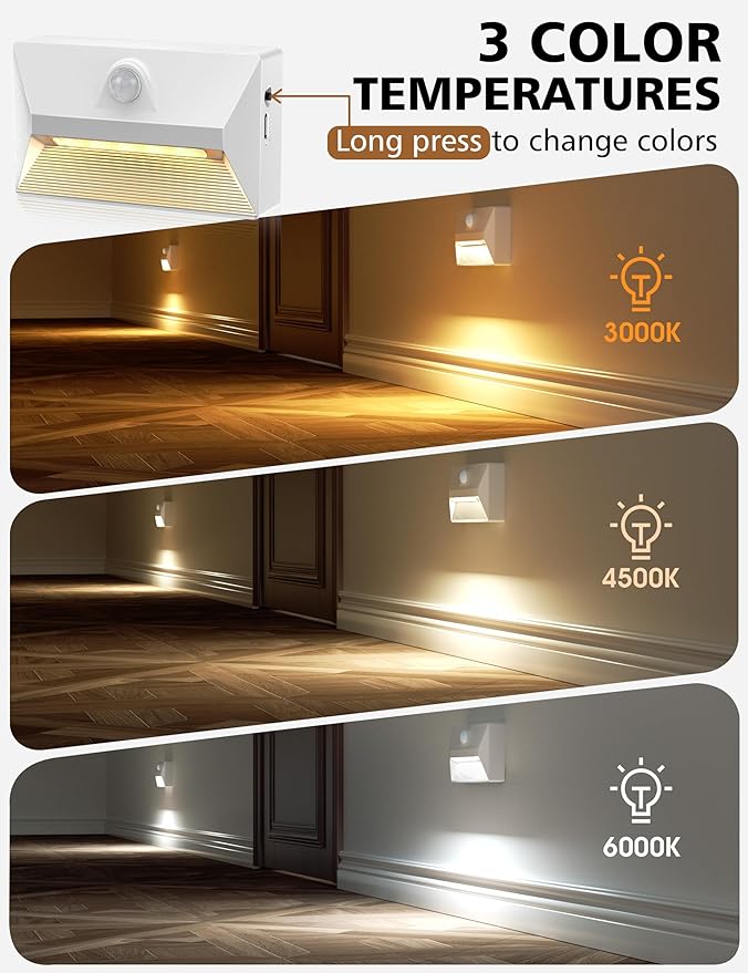 NIORSUN Motion Sensor Night Light, Rechargeable Stair Lights Indoor, 3 Colors and Motion Modes 2000mAh Battery Night Light with Light Sensor for Stairway, Hallway, Bathroom, Kitchen White 8 Pack