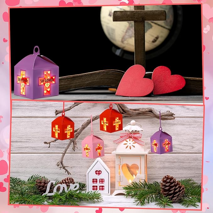 12 Sets Religious Valentine's Day Crafts with LED Candlelight Valentine's Day Cross Tissue Paper Crafts Kits DIY Cross Suncatchers Lanterns Hanging for Sunday School Christian Decoration