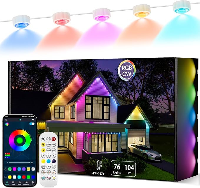 Permanent Outdoor Lights, 104FT RGB String Downlights with Colors Scene Modes, IP67 Waterproof Smart LED Eaves Lights for Christmas, Halloween, Party