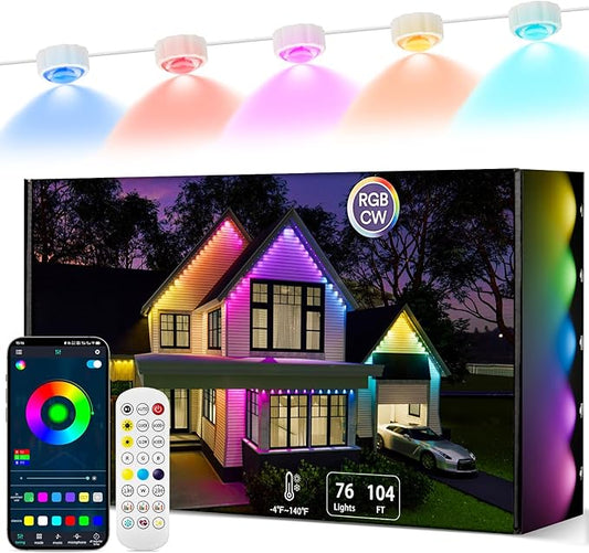 Permanent Outdoor Lights, 104FT RGB String Downlights with Colors Scene Modes, IP67 Waterproof Smart LED Eaves Lights for Christmas, Halloween, Party