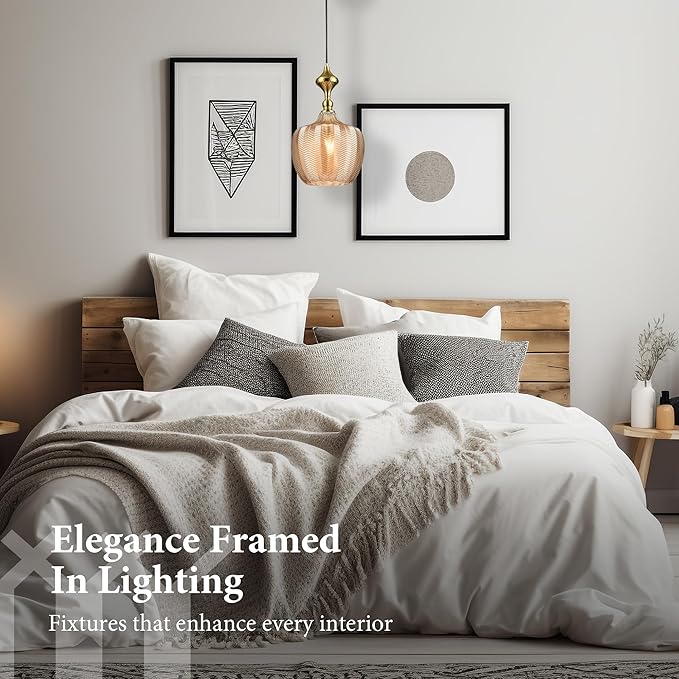 Modern Glass Pendant Light, 9.5"x16.5" Amber Sunset-Striped Light Fixture with Gold Cap, 15"-72" Adjustable Line, E26 Socket for Kitchen Island or Hallway – Sunset Gold Tulip