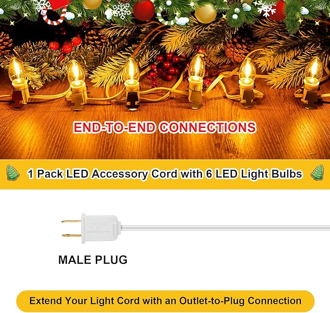 1Pack Accessory Cord with 6LED Light Bulbs Christmas Village Lights 10.3FT Blow Mold Light Cord with Spare Fuse Warm White C7 Lamp Christmas Villages Accessories for Village Houses Craft Pumpkin Decor