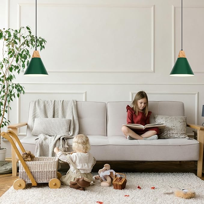 Farmhouse Pendant Light, 9.4inch, 2 Packs- Green Industrial Kitchen Pendant Lights, Pendant Lights Kitchen Island, Pendant Light for Bedroom, Office, Kichen Sink, Library