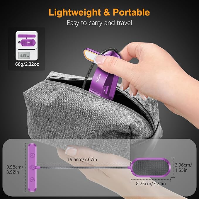 Gritin Rechargeable Book Light for Reading in Bed with 19 LED &Memory Function-Eye Caring 3 Color Temperatures,5 Brightness Levels,90 Hrs Runtime Flexible Goose Neck Clip on Light-Dark Purple