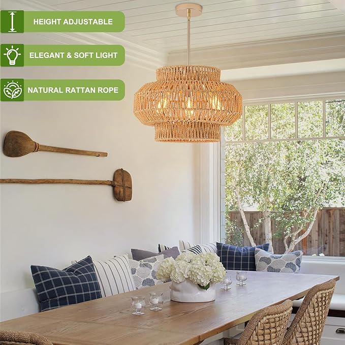 17.7'' Rattan Pendant Light,3-Light Boho Chandelier,Dinning Lighting Fixture Hand Woven Shade Boho Hanging Light Wicker Chandelier for Bedroom Kitchen Island Farmhouse Living Room Light Fixture