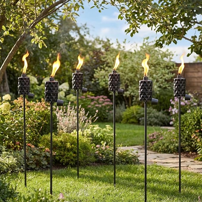6 Pack Glass Torches, 13.5 oz Citronella Torches for Outside, Citronella Torches with 5-Prong Grounded Stake, Landscape Lanterns Torches for Garden, Patio, Party Decor (Black)