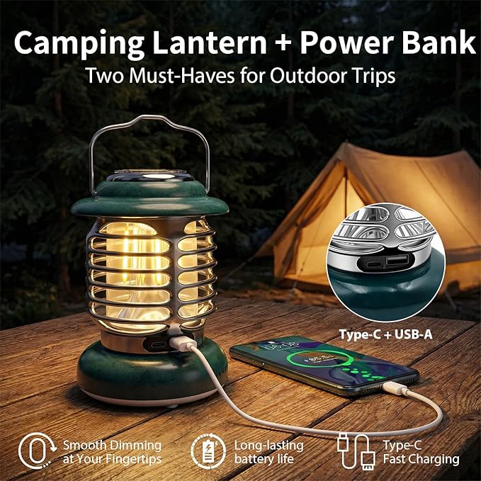 LED Camping Lanterns, Vintage Rechargeable Lights with Type C & Stepless Dimming, Portable Retro Metal Lantern for Emergency, Power Outages, Hurricane, Hiking, Indoor Outdoor LED