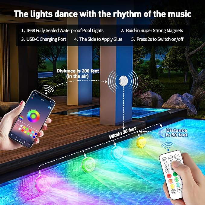 Pool Light, Rechargeable Smart Magnetic Underwater Floating Lights with Remote Control & APP, 4000mAh 300+ Dimmable IP68 Waterproof Light for Above/In Ground Swimming Pools, Ponds, Bathtubs, Party