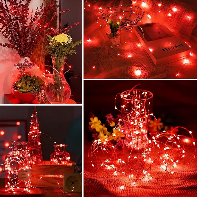 YEGUO 4 Pack Red Solar Fairy Lights, Each 33ft 100 LED Valentines Lights Outdoor Waterproof, 8 Modes Sliver Wire Solar Christmas String Lights