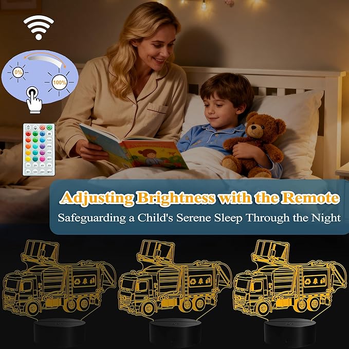 Garbage Truck Night Light, Garbage Truck Gifts, 3D Illusion Lamp with Remote Control, 16 RGB Colors, 4 Flashing Modes, Timer, Dimmable, Trash Truck Gifts Room Decoration for Holiday Birthday Christmas
