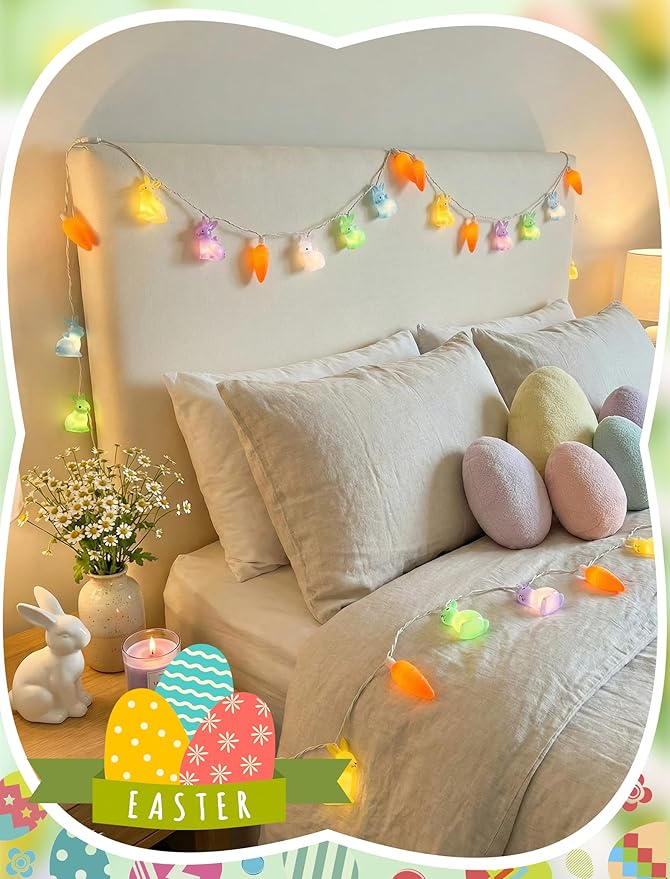 8.5Ft Multicolor Bunny and Carrot Easter String Lights, 10 LED Rabbit Carrot Fairy Lights Plug in, UL Listed Decorative Lights for Spring Easter Party Bedroom Window Wall Patio Garden Wedding Decor