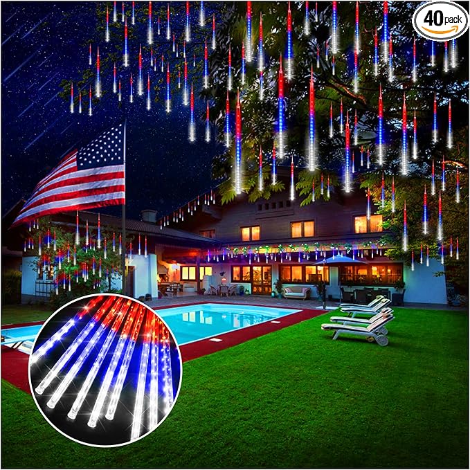 KNONEW 40 Tube 1120 LED Red White and Blue Lights 4th of July Decorations, Plug in Meteor Shower Lights Waterproof Outdoor Light for Independence Day House Tree Party Decor