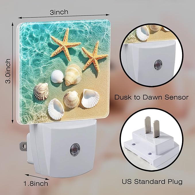 Starfish and Seashell Night Light for Kids, Dusk-to-Dawn Auto Sensor Plug in Night Light, 0.5W Energy Saving Non-Toxic Design for Bedroom/Bathroom, Ideal Gifts for Women, Men & Kids