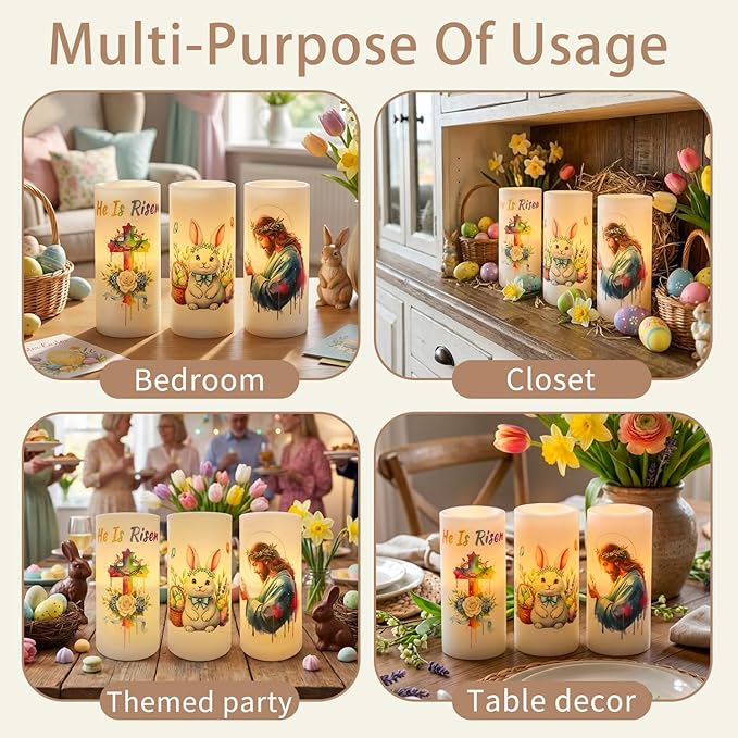 3PCS Nativity Easter Flameless Candles with Remote Control,Christian Cross Bunny LED Candles for Spring Easter Home Decor