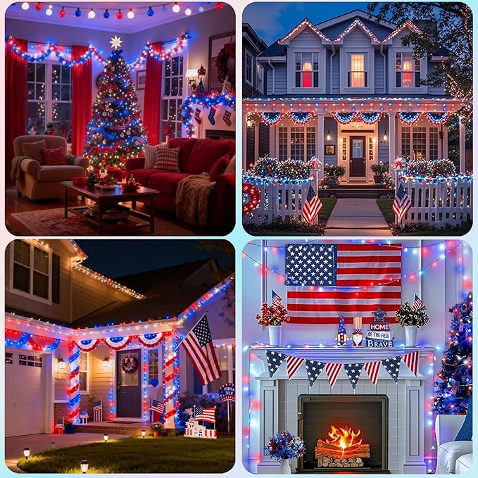 Pooqla 200 LED 66 FT 4th of July Decorations Lights, Red White Blue Patriotic String Lights, Outdoor Independence Day Fairy Lights 8 Modes Connectable for Home Yard Patio Party Decoration, Clear Wire