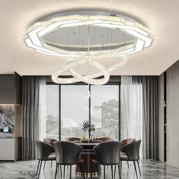 Flashing God Extra Large Chandelier Dia 55" Chrome Chandeliers Flush Mount Chandelier for Living Room Bedroom Dining Room Hallway Dimmable 3 Rings Chandeliers