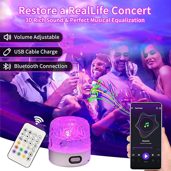 Luminorthe Cube Lamp, Ocean Wave Projector Light with Bluetooth Speaker, RGB Color Changing with Remote Control, Water Wave Light Projector Cordless for Kids, Room Decor, Bedroom, Party, Gift