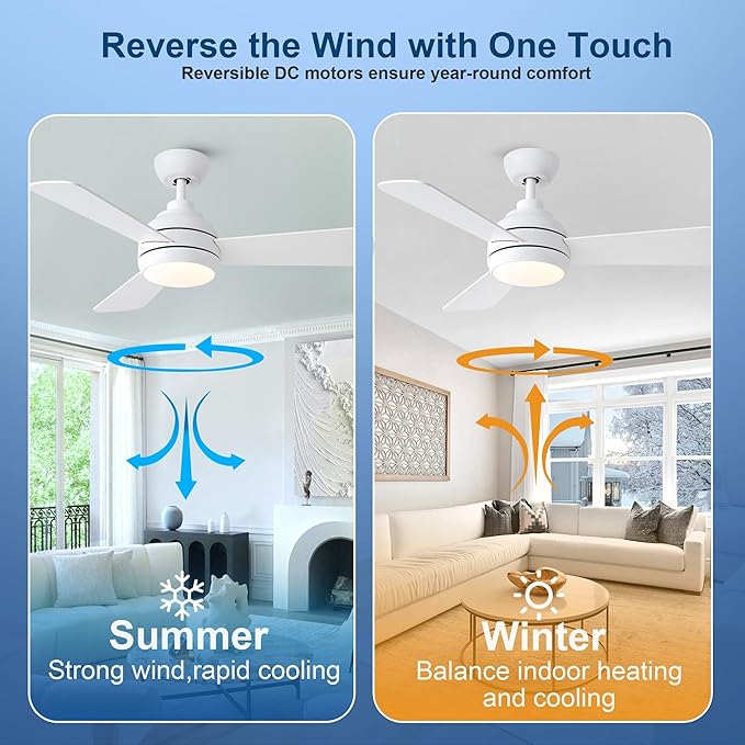 42 Inch Ceiling Fans with Lights and Remote, Modern White Ceiling Fan with Light, DC Reversible, 6 Speeds, 3CCT, Dimmable, 3 blades, Bedroom, Indoor/Outdoor Patios Use