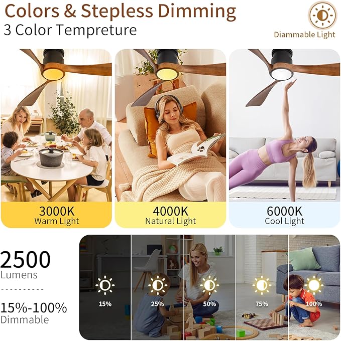 52inch Ceiling Fan with Lights,Flush Mount Wooden Ceiling Fans with Remote Control,Dimmable Light,3 CCT,6 Speeds,Noiseless DC Motor,Ceiling Fan for Bedroom,Living Room,Office,Indoor,Dark Brown