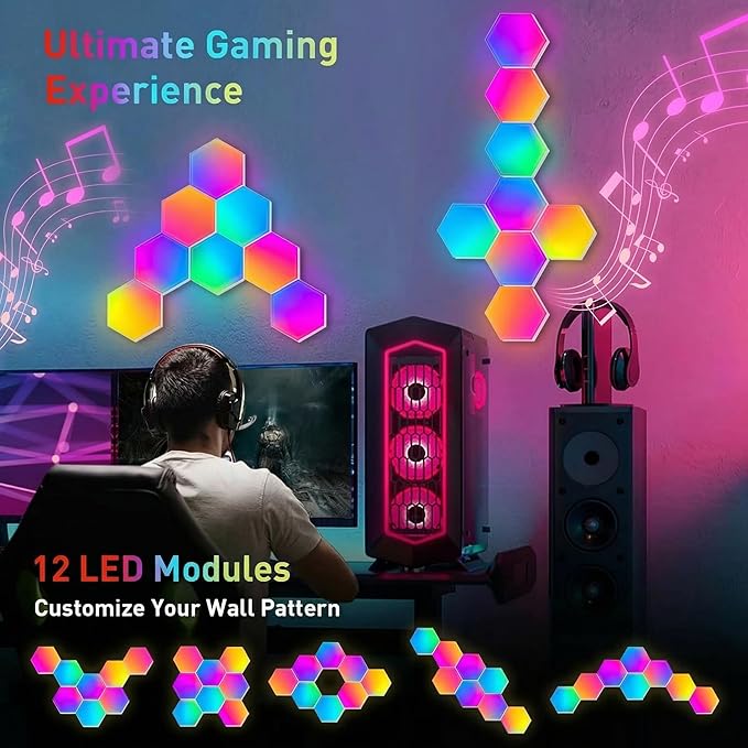 Hexagon LED Lights Panels – Smart RGB Wall Lights with APP/Remote & Music Sync, DIY Modular & Gaming Room Decor, Wall LED Panels Lights for Bedroom (12-Pack)