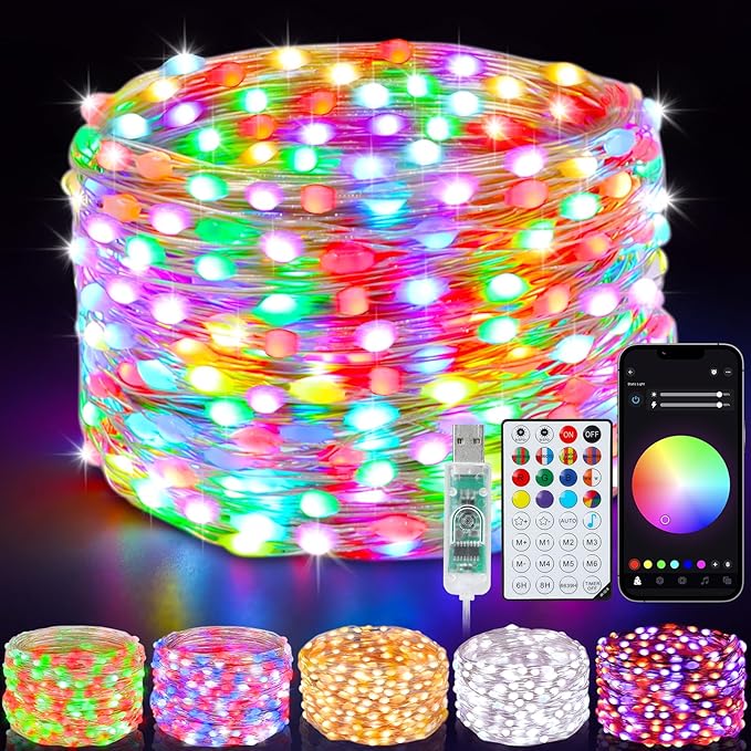 Smart Fairy Lights 33Ft 100 LED Twinkle String Lights with Remote & APP Control, Color Changing USB Fairy Lights Music & Mic Sync for Valentine's Day Bedroom Holiday Party Decor