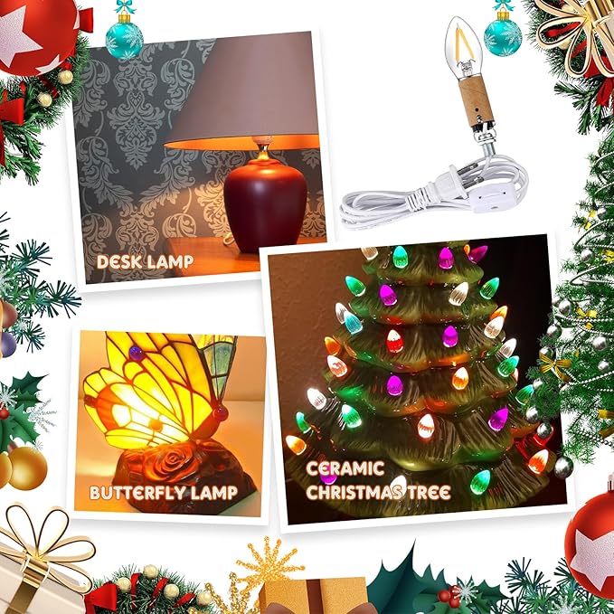 Baquler 2 Pack Small Christmas Tree Wiring Kit, with 1.5 Watt LED Bulb, Ceramic Christmas Tree Replacement Lights, E12 Candelabra Base, Lamp Wiring Kit Nice for Lighting Desk Lamp and DIY Projects