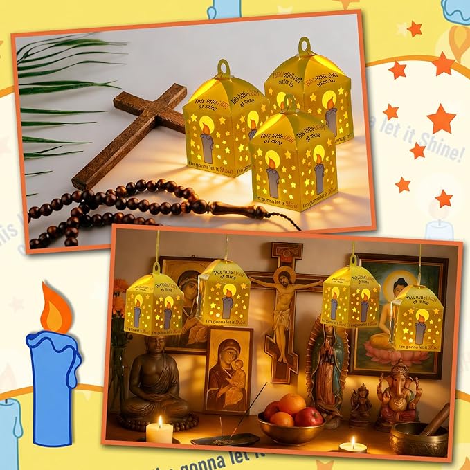 24 Sets Religious Easter Crafts with LED Candle Light Tissue Paper Light of Mine Lanterns Craft Kits DIY VBS Christ Suncatchers Lanterns Hanging for Easter Sunday School Christian Decoration