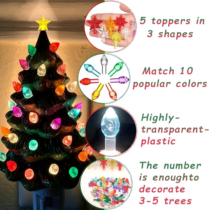 Replacement Lights Bulbs for Ceramic Christmas Tree, 217 PC Mini Twist Light Ornaments for Ceramic Tree, Multicolor Small Flame Pegs Accessories for Crafts, Assorted Colors, 6 Stars Treetops Set