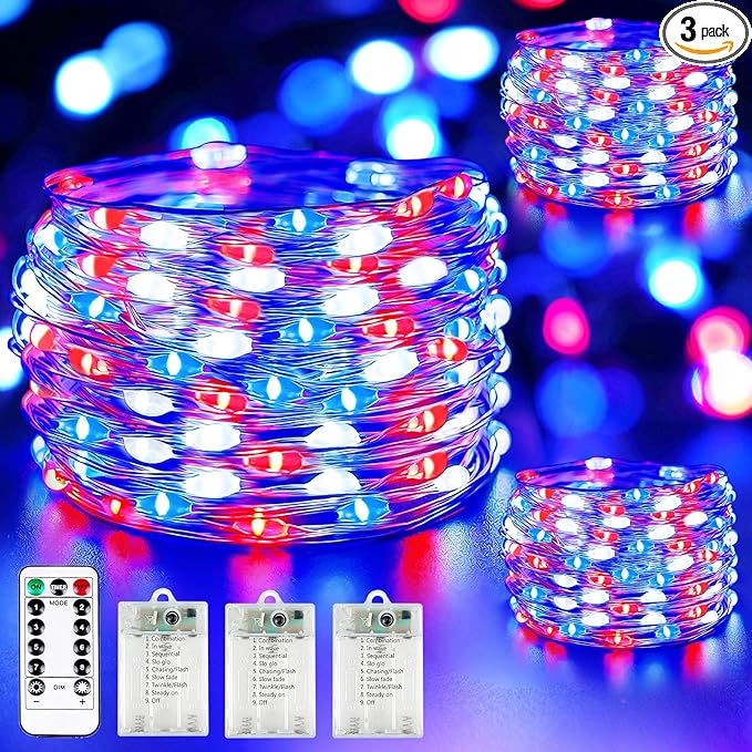 4th of July Decoration Lights, 3 Pack Red White and Blue Fairy Lights Battery Operated with Timer & Remote, Waterproof Patriotic Light Indoor Outdoor 8 Modes for Independence Day Memorial Day Decor
