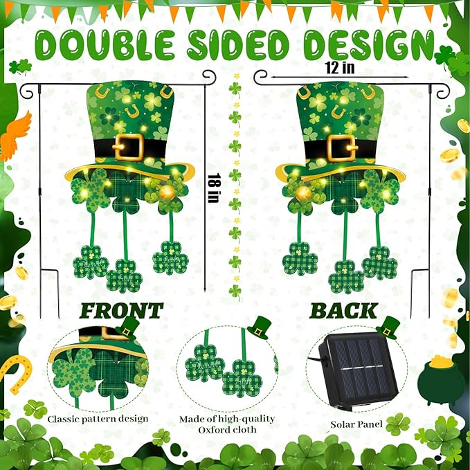 VIHOSE Lighted St. Patrick's Day Garden Flag, 12 x 18 Inch 8 Modes Double Sided Solar Ireland Decorations, LED hat Clover Shamrocks Garden Flag, Lucky Outdoor Yard Decor for St Patrick Porch Lawn