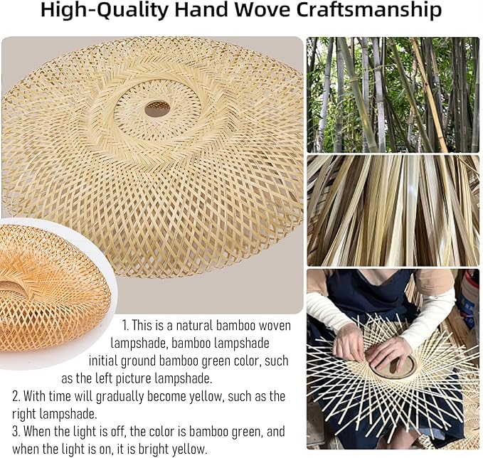 Hand Woven Bamboo Pendant Light,23.62 in Bamboo Rattan Ceiling Hanging Light Hand Woven Wicker Chandelier for Living Room Kitchen Dining Room Farmhouse