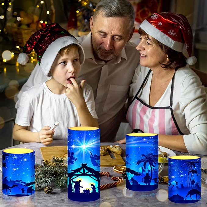 Tiamon Christmas Nativity Scene Candles LED Religious Theme Flameless Candles Battery Operated LED Warm Light Flickering Pillar for Xmas Holiday Table Decorations (Romantic)