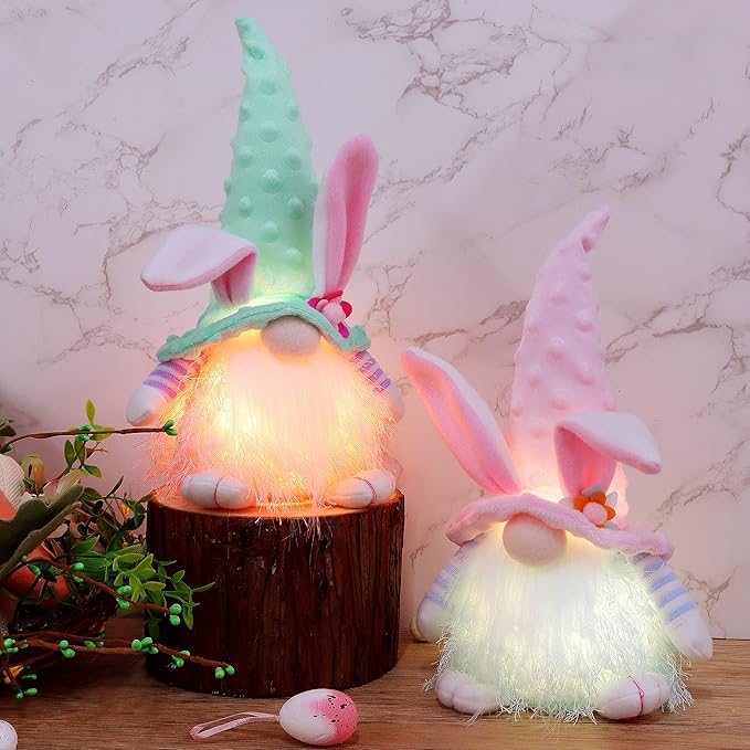 Juegoal 2 Pack Lighted Bunny Easter Gnome, 11" Handmade Scandinavian Swedish Tomte, Light Up Elf Easter Present, Battery Operated Rabbit Gifts Spring Tabletop Holiday Decorations