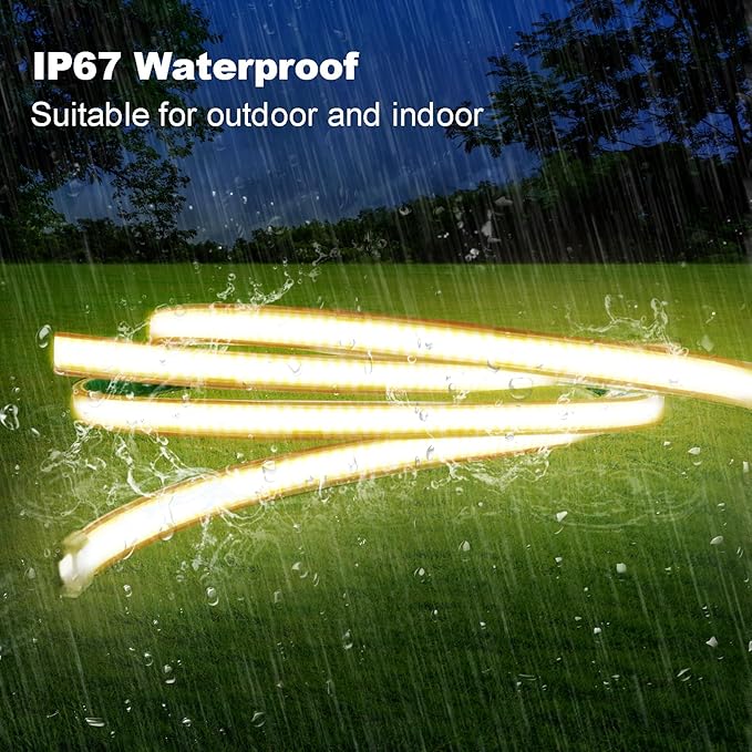 32.8Ft COB LED Strip Lights Outdoor Waterproof, 3200 LED Strip Light PVC Casing Tape Light Flexible with Self-Adhesive Timer Dimmable for House Garden Camping DIY Lighting (Warm White)