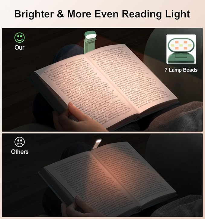 Gritin Reading Light,Book Light for Reading in Bed-Eye Caring 3 Colors, 5-Level Dimmable Brightness,Long Lasting, Compact Size Rechargeable Clip on Book Reading Light for Book Lovers-Dark Green
