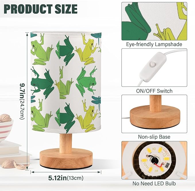 Frog and Dragonfly Pattern on White Table Lamp with Wood Base Fabric Lamp Shade Bedside Nightstand Desk Lamp for Living Room Bedroom Kids Room Office