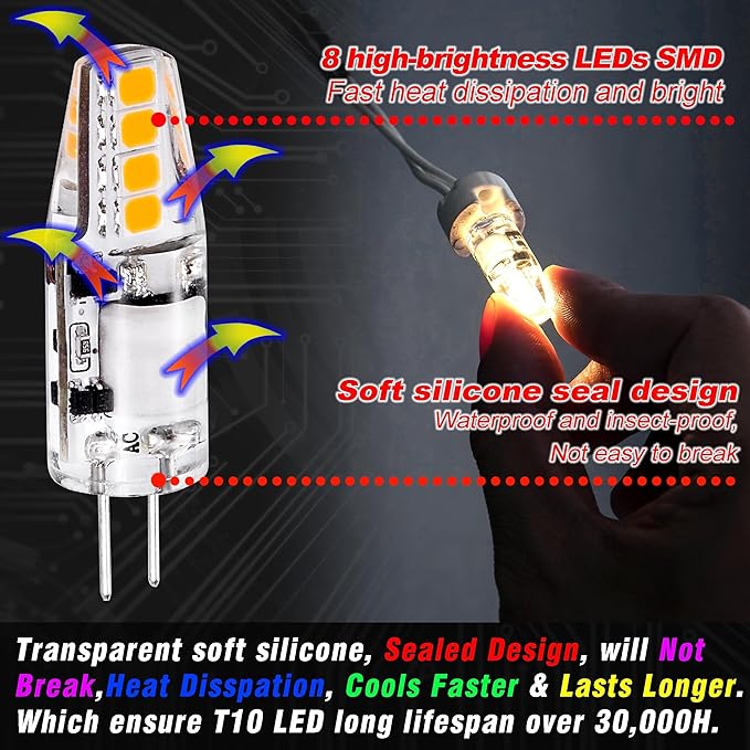 G4 LED Bulb 2W 2700K Warm White AC/DC 12V 10W-20W T3 JC Type Bi-Pin G4 Base Halogen Bulb for Outdoor Landscape Path Lighting Under Cabinet Puck Lights Chandelier RV Camper Boats,No-Flicker,10 Pack