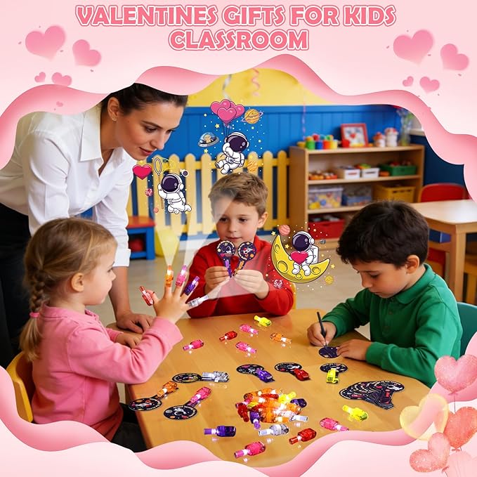 36 Pack Valentines Day Gifts for Kids Classroom LED Space Finger Lights, School Valentines Exchange Cards Gifts Prizes Space Party Favors for Boys Girls