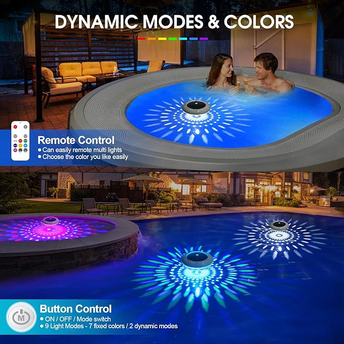 Floating Pool Lights w/Remote, 6.5 Inch RGB Color Changing Solar Pool Lights That Float with 9 Dynamic Lighting, IP68 Waterproof Hangable Solar Floating Light for Pool Garden Weeding Decor(4)