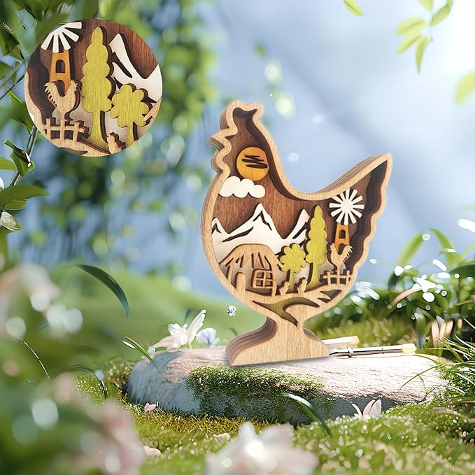 Drawelry 3D Wooden Animals Carving Home Decorative - Creative Wood Carved Lamp Farmhouse Wooden Animals Sculpture Ornaments Easter Birthday Gifts for Family Friend Son Dad (Chicken, Without Light)