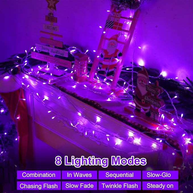 QITONG 165ft 500 LED Purple String Lights Outdoor, Clear Wire Christmas Lights with 8 Modes, Twinkle Xmas Lights Indoor Plug in