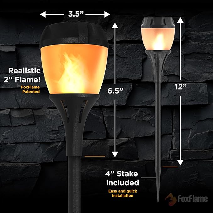 FoxFlame Solar Path Lights Outdoor Waterproof-Realistic Flickering LED Flame,IP65 Pathway Lights Solar Powered Warm Light for Garden and Walkways,Ground Stake Included for Easy Setup(2 Pack)