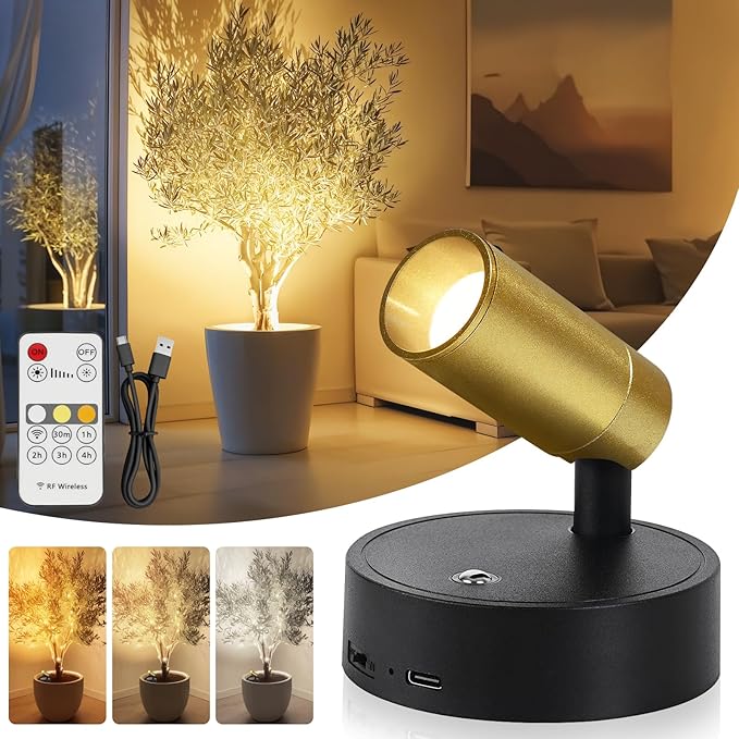 Spotlight Indoor, Wireless Uplighting Indoor with Remote Dimmable, 350° Rotate,Rechargeable Battery Powered Ceiling Spotlight for Artwork Painting Tree Plant Picture Lights Black and Gold