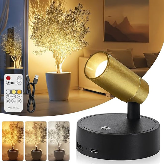 Spotlight Indoor, Wireless Uplighting Indoor with Remote Dimmable, 350° Rotate,Rechargeable Battery Powered Ceiling Spotlight for Artwork Painting Tree Plant Picture Lights Black and Gold