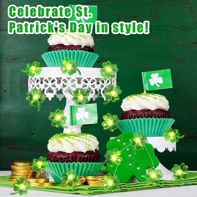 St Patricks Day Decorations Green Shamrocks String Lights 10 ft 30 LEDs Battery Operated, Lucky Clover Fairy Lights, Green Lights for Porch Fireplace Golf cart, St. Patrick's Day Decoration